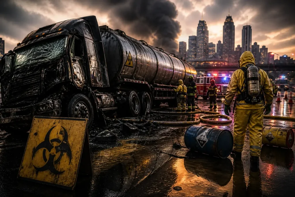 Hazmat tanker truck accident on Atlanta interstate with emergency response and chemical spill cleanup