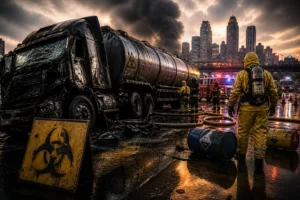 Hazmat tanker truck accident on Atlanta interstate with emergency response and chemical spill cleanup
