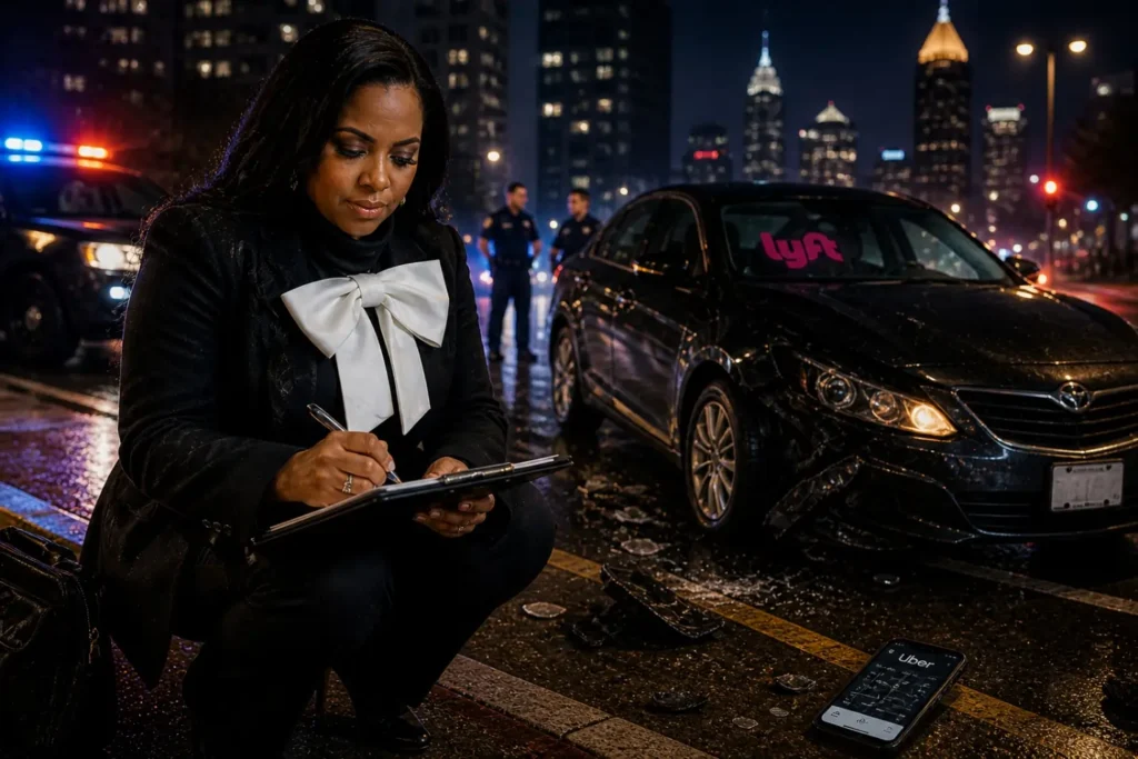 Atlanta rideshare passenger reviewing legal documents after Uber Lyft accident, illustrating negligent hiring claim