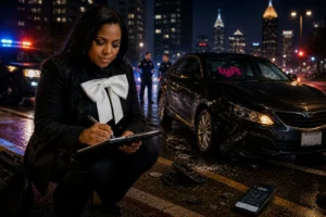 Atlanta rideshare passenger reviewing legal documents after Uber Lyft accident, illustrating negligent hiring claim