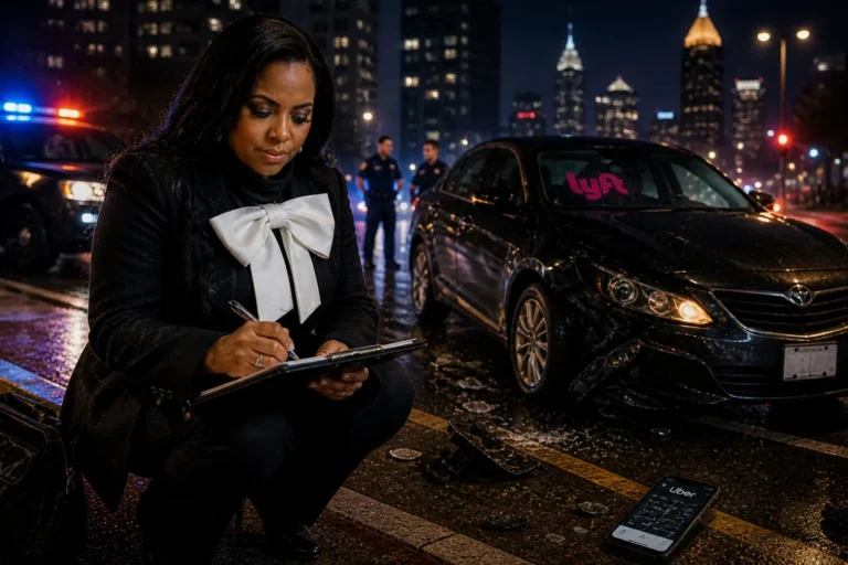 Atlanta rideshare passenger reviewing legal documents after Uber Lyft accident, illustrating negligent hiring claim