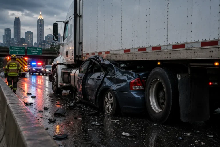 Damaged vehicle beneath commercial truck in Atlanta underride accident