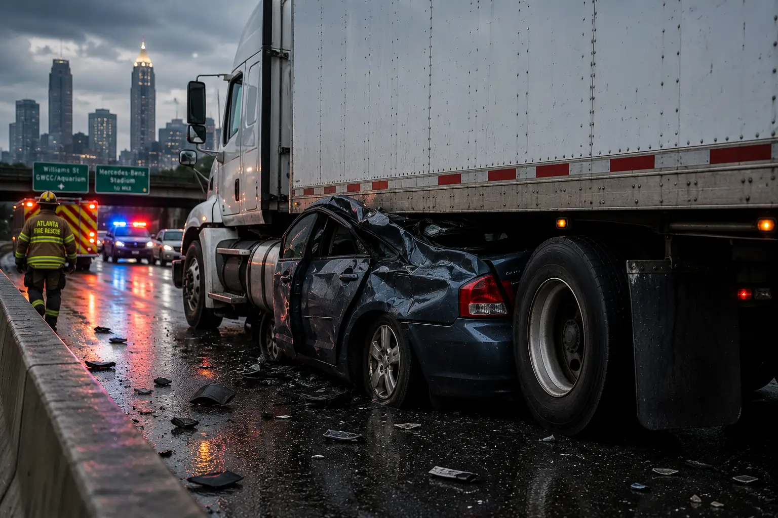 Damaged vehicle beneath commercial truck in Atlanta underride accident