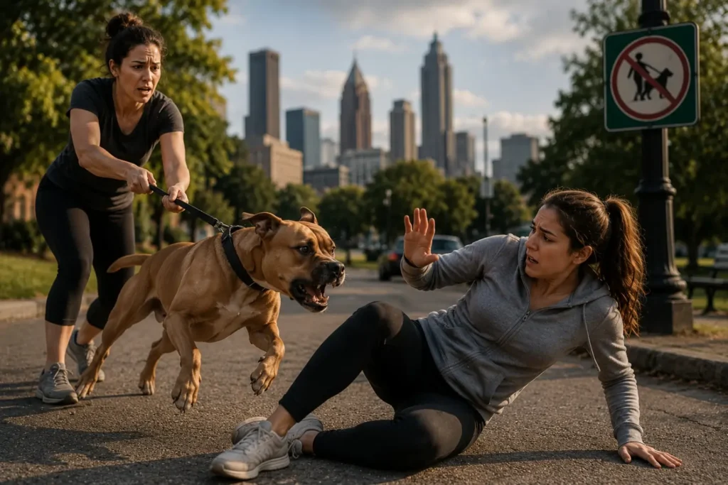 Dangerous off-leash dog running toward pedestrian on Atlanta park trail