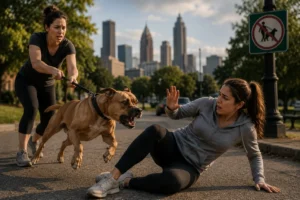 Dangerous off-leash dog running toward pedestrian on Atlanta park trail