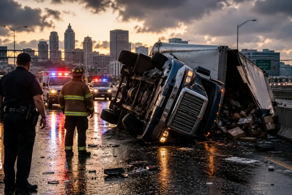Overturned 18-wheeler commercial truck blocking multiple lanes on Atlanta I-285 after rollover crash