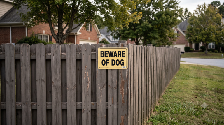 Warning sign for a registered dangerous dog on an Atlanta residential fence