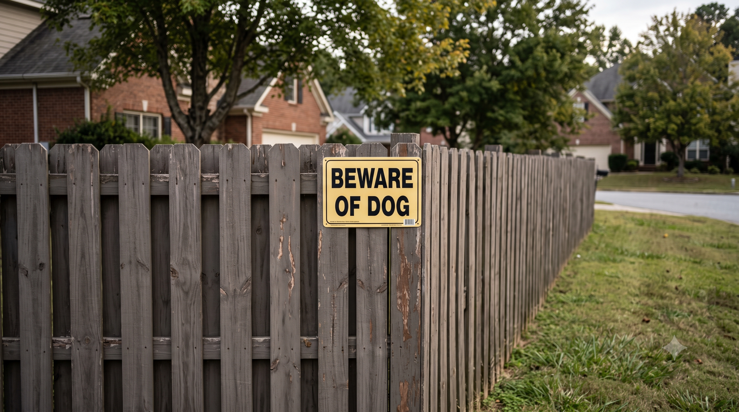 Warning sign for a registered dangerous dog on an Atlanta residential fence
