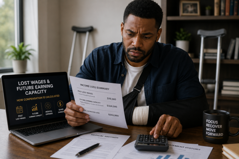Injured Atlanta worker reviewing pay stubs and medical bills after a personal injury affecting income