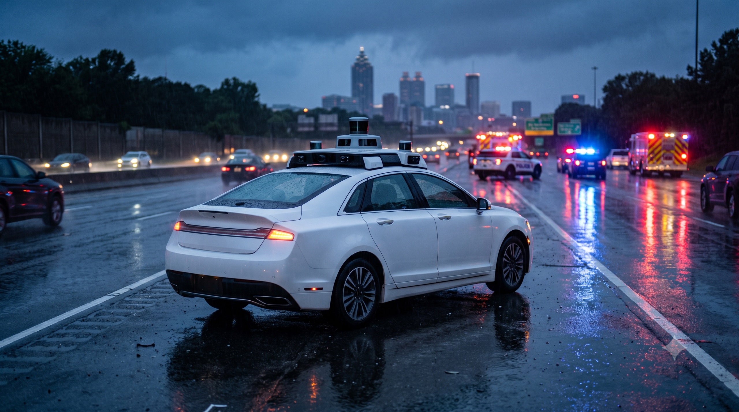Autonomous vehicle with sensors driving on an Atlanta highway after a crash