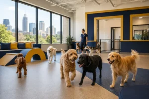 Dog daycare worker handling multiple dogs at an Atlanta boarding facility