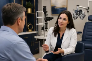 Ophthalmologist examining a patient's eye after a dog bite injury in Atlanta