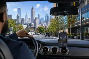 Uber and Lyft rideshare vehicles in downtown Atlanta traffic