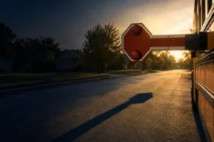 School bus stopped with red lights flashing on an Atlanta residential street as children cross