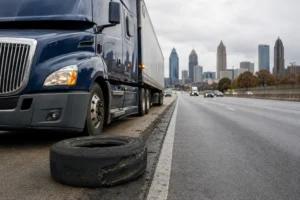 Blown commercial truck tire on the side of an Atlanta highway after a crash