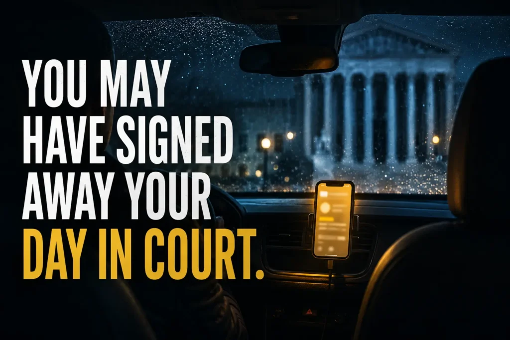 Rideshare passenger reviewing Uber arbitration clause after an Atlanta accident