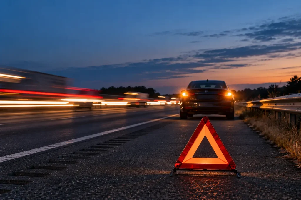 Disabled vehicle with hazard lights on the shoulder of an Atlanta interstate at dusk