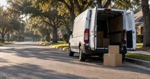 Delivery van backing into an Atlanta residential street where a pedestrian accident can occur