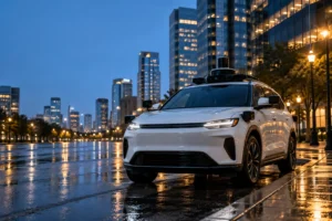Autonomous robotaxi with roof mounted sensors driving through Midtown Atlanta at dusk