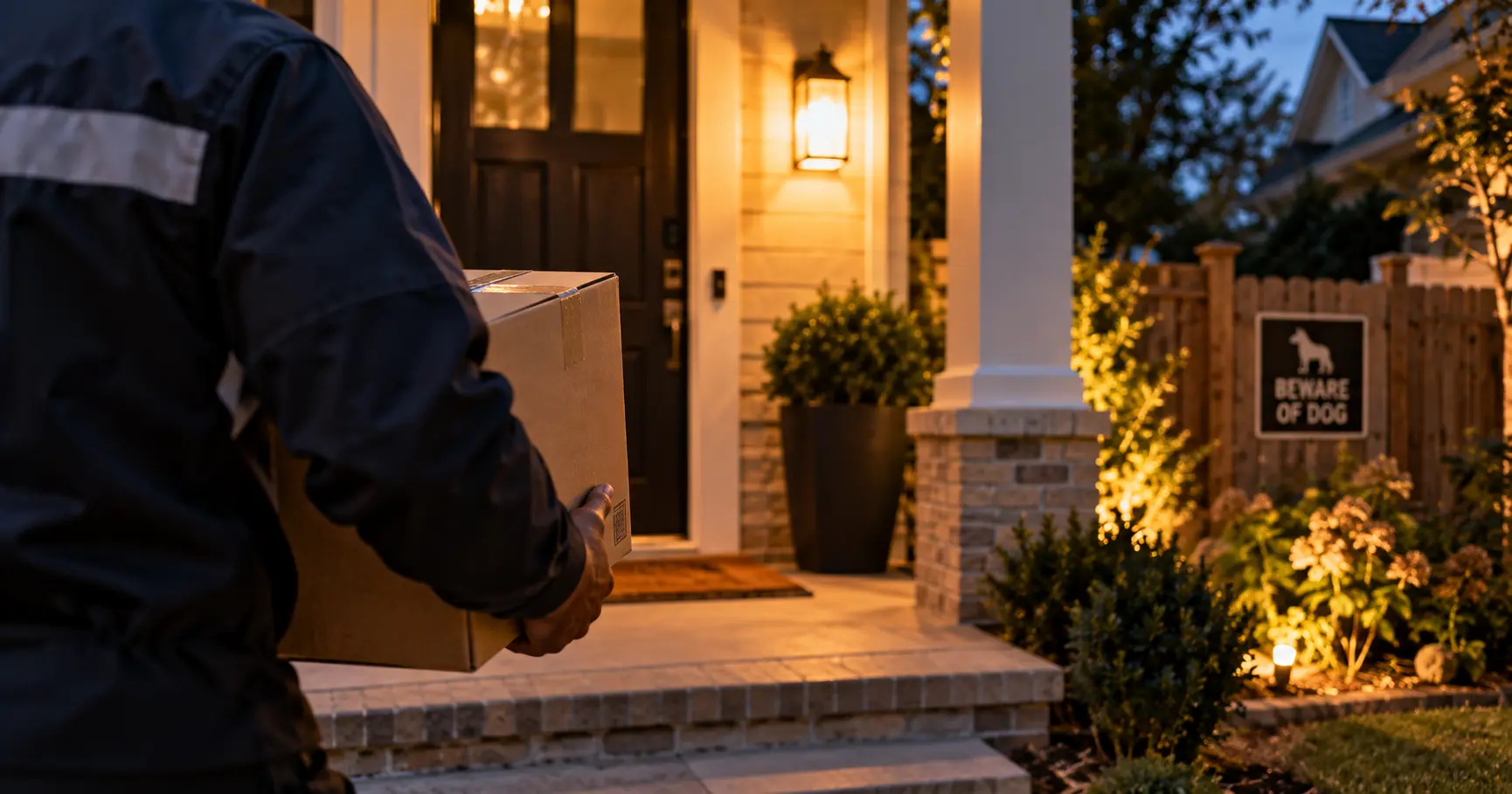 Delivery driver approaching an Atlanta front porch illustrating dog bite risks faced by mail carriers and package delivery workers