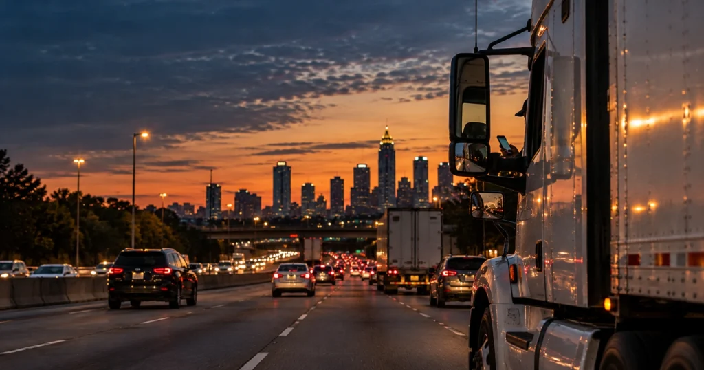 Semi truck on an Atlanta interstate with driver distracted by phone, truck accident lawyer