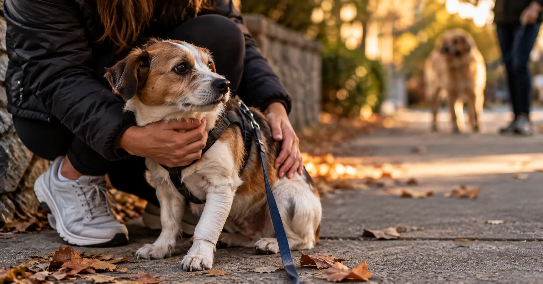 Owner holding a leashed dog on an Atlanta sidewalk after another dog attacked it, illustrating a dog on dog attack claim in Georgia