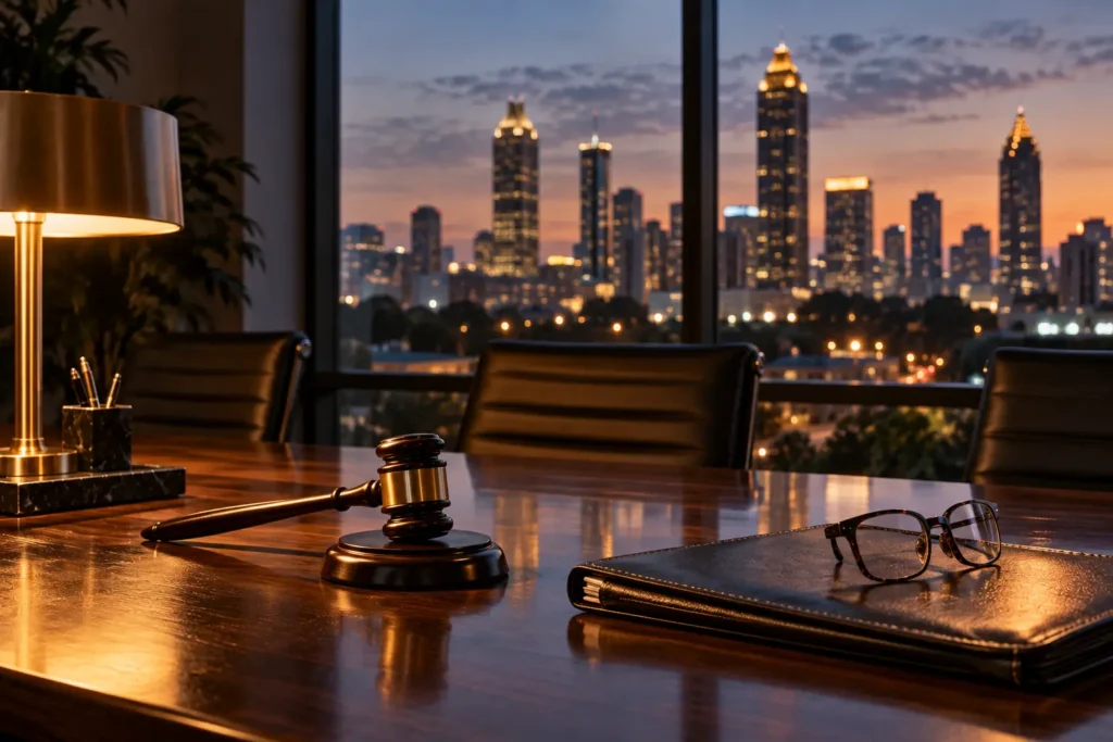 Gavel and Georgia state outline representing SB 68 tort reform law changes affecting Atlanta injury settlements