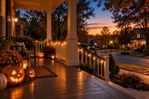 Dark residential Atlanta street with jack-o-lanterns illustrating Halloween trick-or-treat injury liability risks