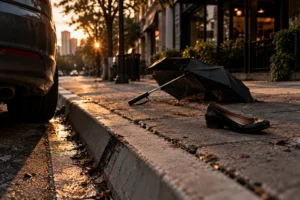 Atlanta sidewalk with a curb scrape and a car stopped at the edge, illustrating a pedestrian hit by a car on the sidewalk in Georgia