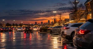 Crowded Atlanta shopping center parking lot during the holidays, parking lot accident lawyer