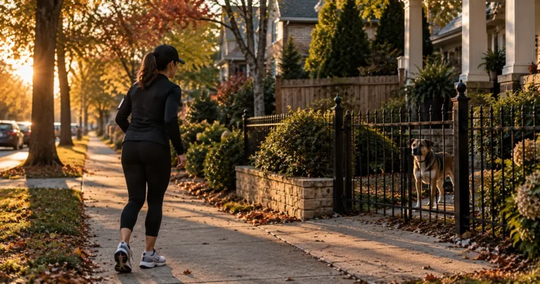 Jogger on an Atlanta neighborhood sidewalk stopping as a loose dog approaches, illustrating a dog attack while jogging in Georgia