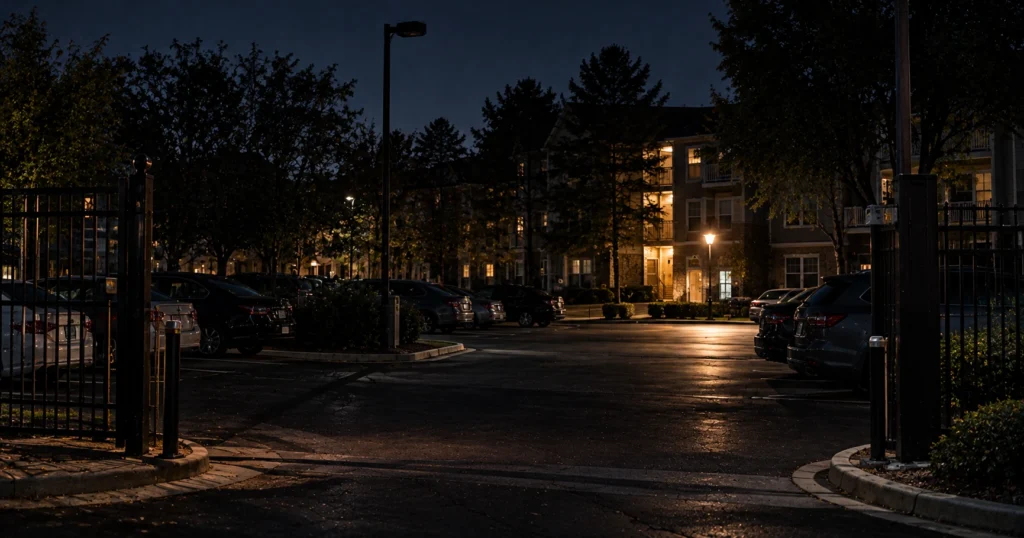 Dark apartment parking lot in Atlanta with a broken light and an unlocked gate, illustrating a negligent security claim in Georgia