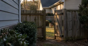 Atlanta homeowner's fence with an open gate and a dog in the yard next door, illustrating a neighbor's dog bite claim in Georgia