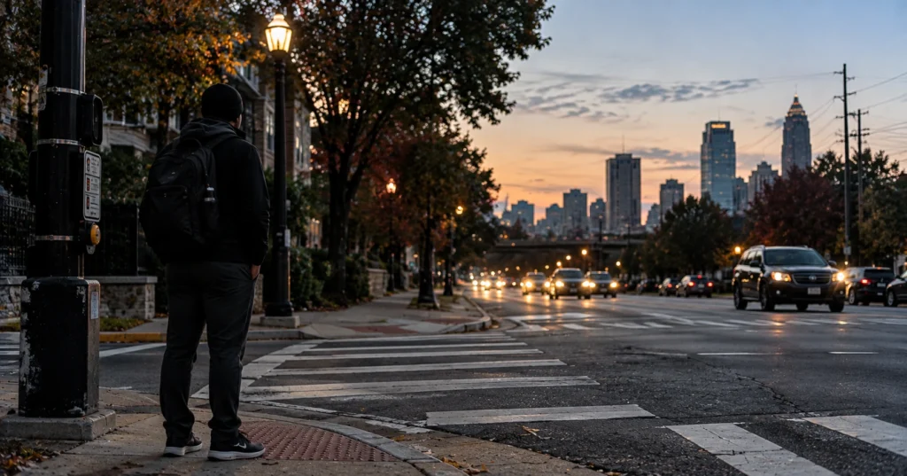 Pedestrian waiting at a dimly lit Atlanta crosswalk at dusk as car headlights approach, illustrating a pedestrian accident at night