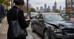 Pedestrian on an Atlanta sidewalk looking at a damaged car whose driver has no insurance, illustrating a pedestrian hit by an uninsured driver in Georgia