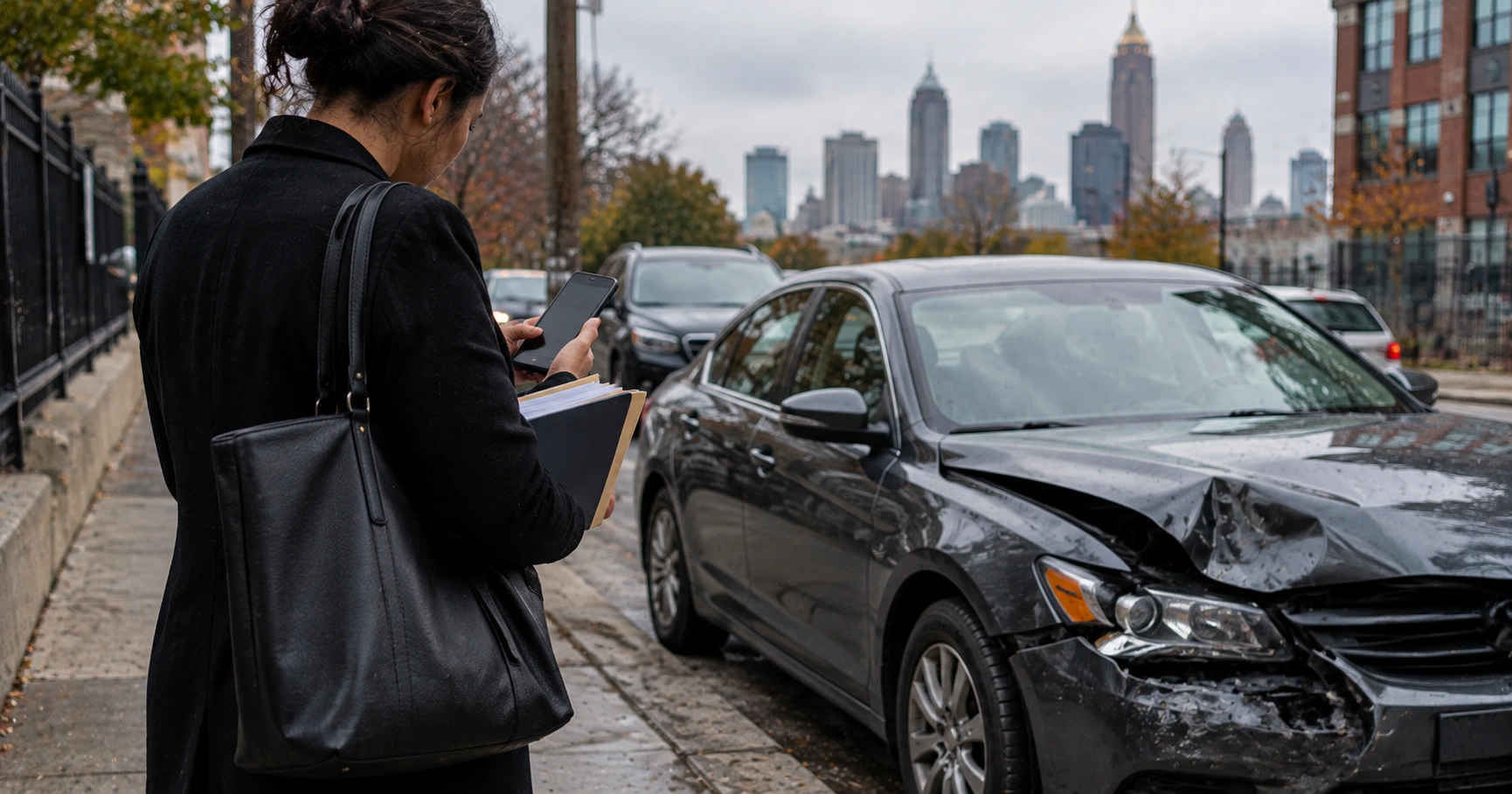 Pedestrian on an Atlanta sidewalk looking at a damaged car whose driver has no insurance, illustrating a pedestrian hit by an uninsured driver in Georgia
