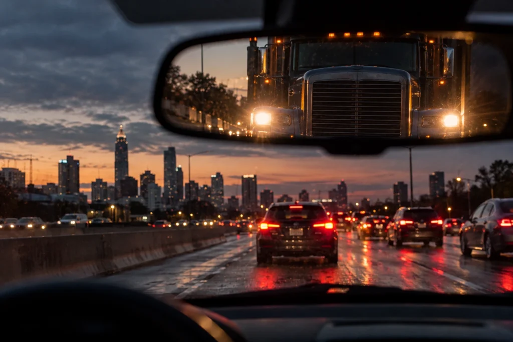 Tractor-trailer braking behind a stopped car in heavy Atlanta interstate traffic, illustrating a rear-end truck accident in Atlanta