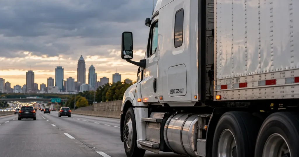 Semi truck on an Atlanta interstate with a federal safety record inspection sticker, illustrating how to check a trucking company FMCSA safety rating