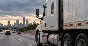 Semi truck on an Atlanta interstate with a federal safety record inspection sticker, illustrating how to check a trucking company FMCSA safety rating