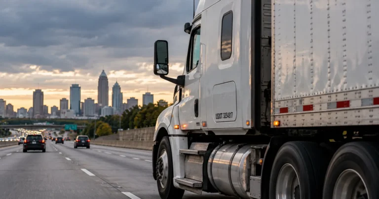Semi truck on an Atlanta interstate with a federal safety record inspection sticker, illustrating how to check a trucking company FMCSA safety rating