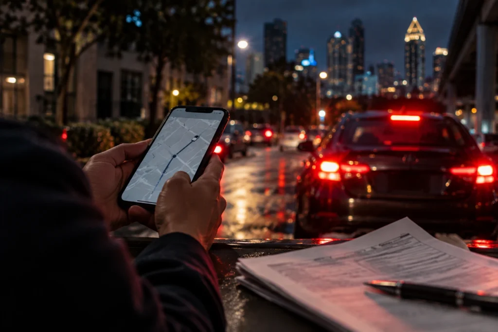 Rideshare driver and passenger reviewing documents after a car accident in Atlanta, illustrating an Uber accident settlement claim