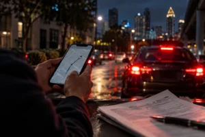 Rideshare driver and passenger reviewing documents after a car accident in Atlanta, illustrating an Uber accident settlement claim